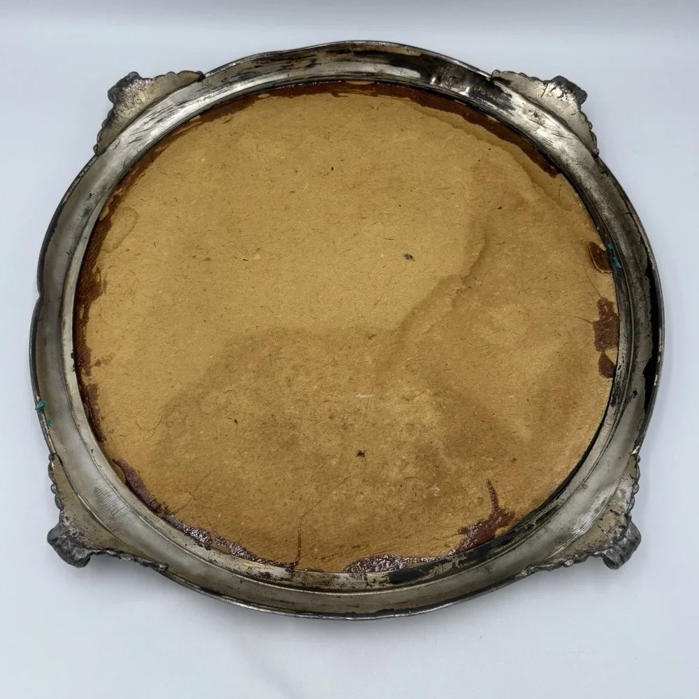 Antique Von Bergh‎ S.P. Co. Beveled Mirror Silver Plated Repousse Vanity Plateau